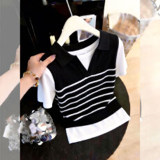 批发夏季新款条纹针织背心短袖T恤女高级感独特别致气质百搭显瘦上衣