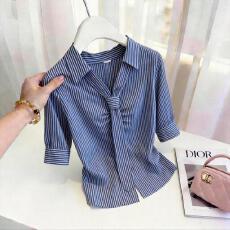 批发2026夏季新款韩系轻熟轻职风条纹翻领系带条纹衬衫女通勤百搭T恤