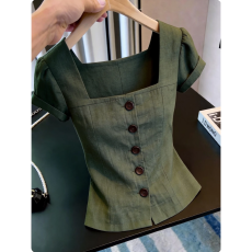 批发夏季新款法式洋气时髦女时尚气质设计感短袖方领衬衫显瘦上衣爆款
