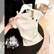 批发2026夏季新款设计感不规则翻领收腰T恤女装气质绝美减龄显瘦上衣