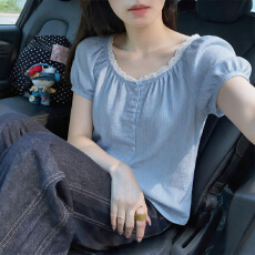 批发<b class='q'>轻熟</b>风蓝白细条纹小个子衬衫女2026夏短袖漂亮设计感气质韩系上衣