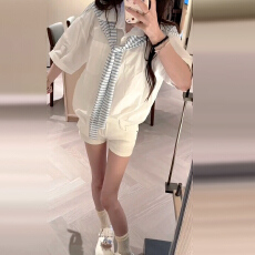 批发韩系白色假两件短袖衬衫女夏季2025新款设计感宽松衬衣带披肩上衣