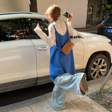 批发巨好看韩系穿搭一整套蓝色吊带<b class='q'>连衣裙</b>子女2025新款叠穿中长裙套装