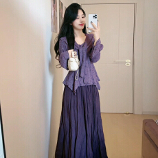 批发秋日穿搭一整套女2025韩系小香风漂亮miu系千金紫色<b class='q'>连衣裙</b>子套装