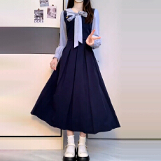 批发法式假两件蓝色长袖<b class='q'>连衣裙</b>子女2025<b class='q'>春秋</b>季新款学院风秋冬气质长裙