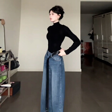 批发早秋冬季半高领内搭<b class='q'>针织</b>打底衫女装2025新款初秋黑色短款长袖上衣