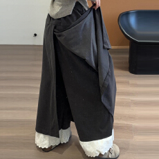 批发2025新款蕾丝拼接灰色半身裙子女秋冬季miu系假两件高腰a字长裙裤