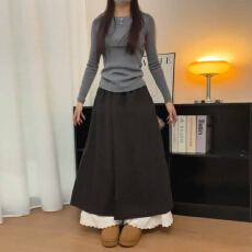 批发2025新款蕾丝拼接灰色半身裙子女秋冬季miu系假两件高腰a字长裙裤