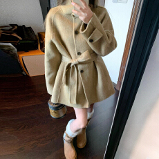 批发卡其色立领毛呢外套女秋冬季2025新款高级感小个子收腰短款呢大衣