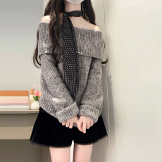 批发一字肩针织毛衣女秋冬季2025新款韩系穿搭慵懒高级感加厚内搭上衣