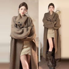 批发韩系慵懒风<b class='q'>中长款</b>厚毛衣外套女秋冬季2025新款超好看针织开衫上衣