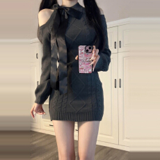 批发2025新款御姐风灰色露肩针织连衣裙子女秋冬季高级感<b class='q'>毛衣</b>包臀短裙