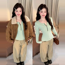 批发韩系薄荷绿纽扣v领<b class='q'>长袖</b>针织衫女秋冬修身巨好看内搭打底毛衣上衣