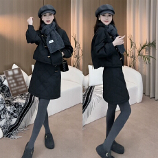 批发韩系高级感黑色上衣<b class='q'>外套</b>女秋冬季2025<b class='q'>新款</b>高腰显瘦半身短裙子套装