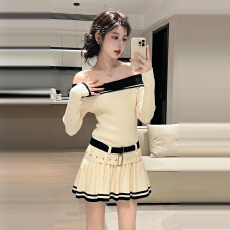 批发2025新款韩系高级感杏色针织内搭一字肩连衣裙子女秋冬绝美a字裙