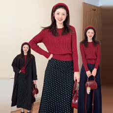 批发独特漂亮冬装一整套本命年红色<b class='q'>针织</b>毛衣复古波点半身长裙两件<b class='q'>套装</b>
