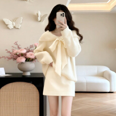 韩系巨好看穿搭一整套2026新款白色毛衣针织连衣裙女秋冬短裙套装