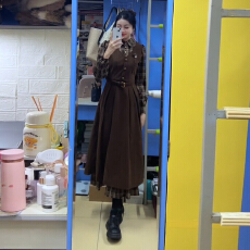 批发美拉德复古咖色假两件长袖<b class='q'>连衣裙</b>早春季2026新款教资面试穿搭长裙