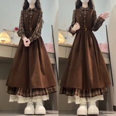 批发美拉德复古咖色假两件长袖<b class='q'>连衣裙</b>早春季2026新款教资面试穿搭长裙