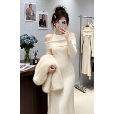 批发2026新款春季露肩针织<b class='q'>连衣裙</b>子女巨好看特别漂亮掐腰包臀鱼尾长裙