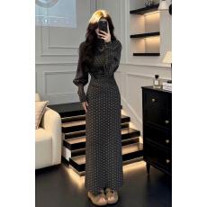 批发韩系复古印花灯笼袖长袖连衣裙女新款半<b class='q'>高领</b>气质打底长裙收腰显瘦