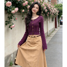 批发法式温柔风紫色绞花蝴蝶结扣毛衣女冬2026新款跨年巨好看内搭上衣