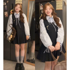 批发法式学院风黑色背心连衣裙子女早秋季2026新款小个子百褶短裙套装