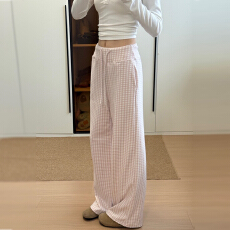 批发粉色格子抽绳运动裤女秋冬2026新款超火梨形高腰休闲阔脚裤长裤子