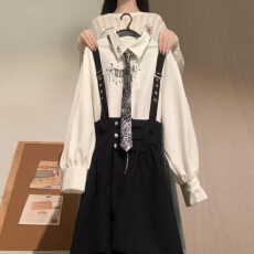 批发学院风白色衬衫<b class='q'>连衣裙</b>子女秋冬季穿搭2026新款法式<b class='q'>花苞</b>背带裙套装