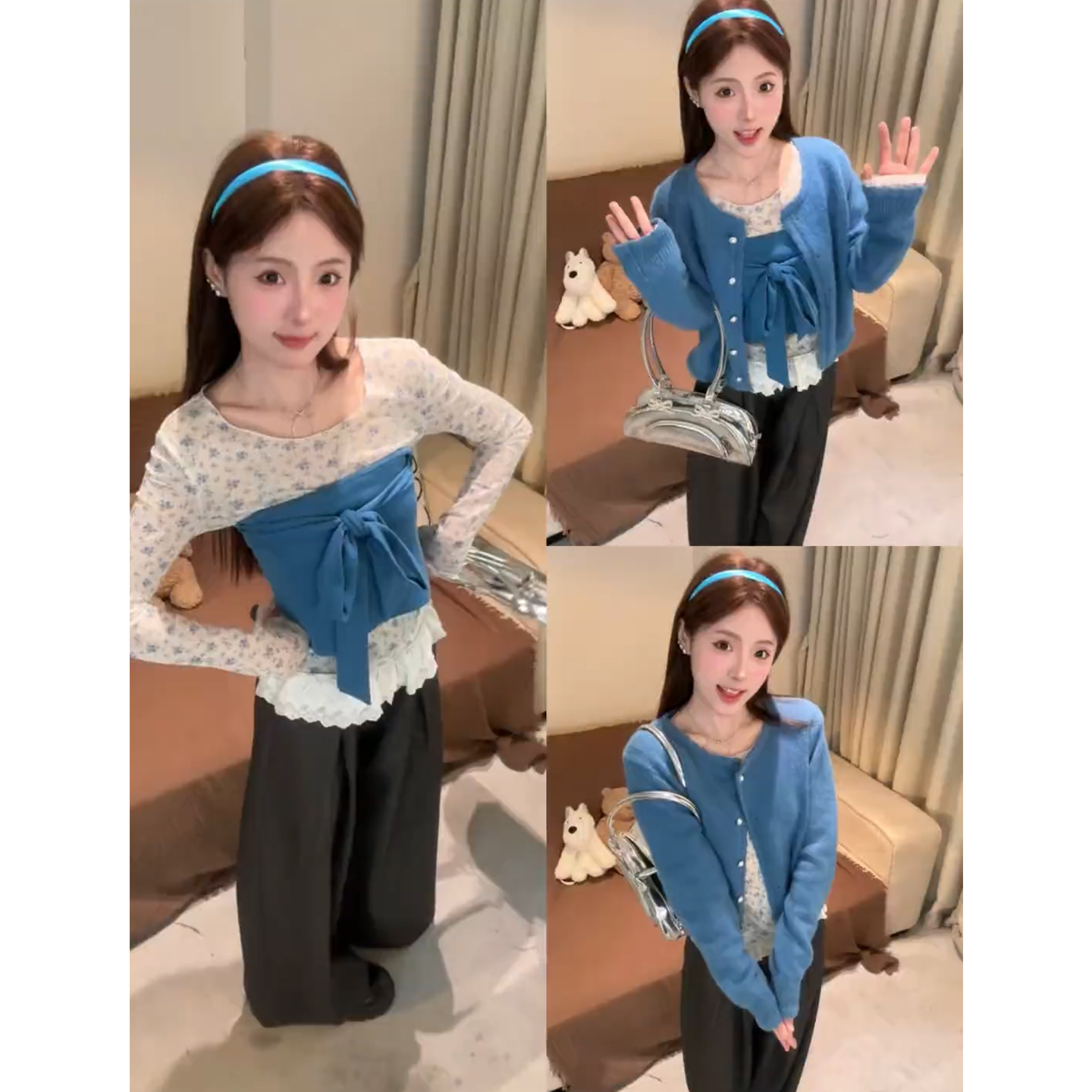 2026超火穿搭一整套春季新款蓝色抹胸背心叠穿碎花上衣搭配阔腿裤