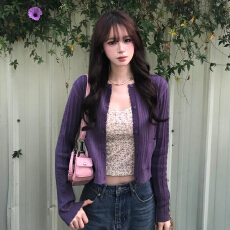 批发韩系超火紫色套装<b class='q'>女</b>2026新款早春修身显瘦针织开衫叠穿背心两件套