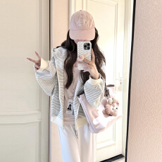 批发2026新款早春韩系穿搭美式复古慵懒风条纹连帽卫衣外套上衣女春秋