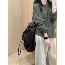 批发早春韩系复古条纹长袖绿色T恤女2026新款宽松打底衫设计感上衣夏