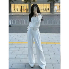 韩系巨好看穿搭一整套早春2026新款白色卫衣上衣女阔腿裤休闲套装