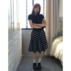 批发韩系复古黑色波点<b class='q'>连衣裙</b>子女2026新款早春季高知穿搭<b class='q'>百褶</b>裙一整套