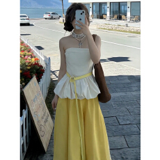 批发海边度假抹胸背心<b class='q'>套装</b>连衣裙子女夏季2026新款多巴胺黄色花苞长裙