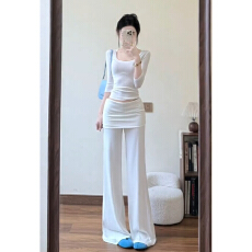 批发韩系<b class='q'>气质</b>一整套ootd穿搭夏季2026新款白色长袖上衣阔腿长<b class='q'>裤</b>两件套