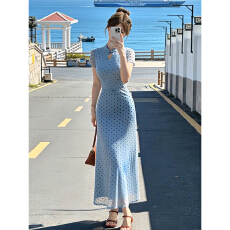 批发新中式国风连衣裙子女<b class='q'>夏季</b>2026新款复古波点改良<b class='q'>旗袍</b>蓝色收腰长裙