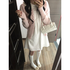 批发2026新款日系甜美白色娃娃领短袖<b class='q'>连衣裙</b>子女春季粉色开衫短裙套装