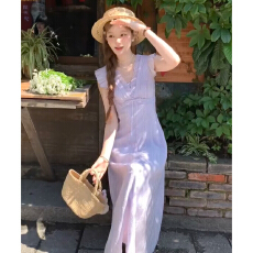 批发紫色<b class='q'>荷叶边</b>法式气质连衣裙子女夏季2026新款收腰巨好看气质长裙