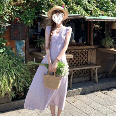 批发紫色<b class='q'>荷叶边</b>法式气质连衣裙子女夏季2026新款收腰巨好看气质长裙