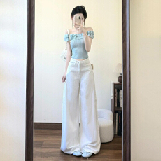 批发法式甜美风蓝色一字肩短袖T恤女夏2026新款<b class='q'>荷叶边</b>设计感露肩上衣