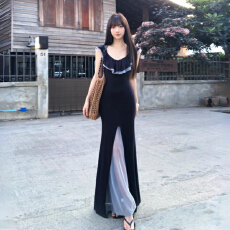 批发春夏新款黑色高级感纯欲风<b class='q'>荷叶边</b>连衣裙女长裙开叉气质显瘦女神范