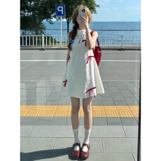 批发2026新款法式初恋白色无袖挂脖<b class='q'>连衣裙</b>子女夏季海边度假<b class='q'>蝴蝶结</b>短裙