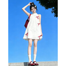 批发2026新款法式初恋白色无袖挂脖<b class='q'>连衣裙</b>子女夏季海边度假<b class='q'>蝴蝶结</b>短裙