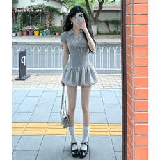 批发法式甜辣风POLO领波点连衣裙子夏2026新款灰色绝美减龄收腰蓬蓬裙