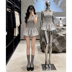 批发法式甜辣风POLO领波点连衣裙子夏2026新款灰色绝美减龄收腰蓬蓬裙