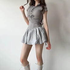 批发法式甜辣风POLO领波点连衣裙子夏2026新款灰色绝美减龄收腰蓬蓬裙