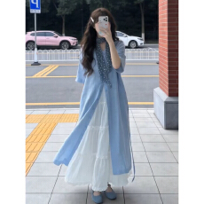 批发法式气质蓝色衬衫连衣裙子<b class='q'>女</b>夏季2026新款海边度假高级感长裙套装