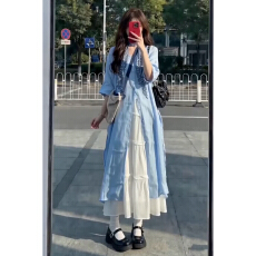 批发法式气质蓝色衬衫连衣裙子<b class='q'>女</b>夏季2026新款海边度假高级感长裙套装